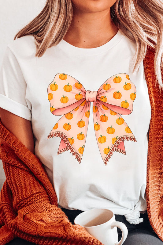 White Pumpkin Bow Print Thanksgiving T Shirt