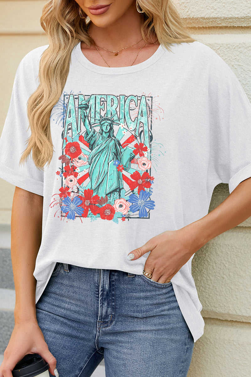 American Statue Graphic Tee Floral Patriotic Shirt