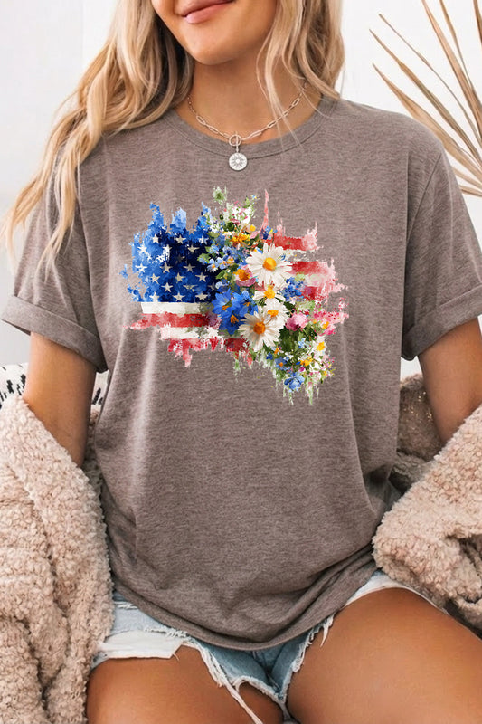 Patriotic Floral Graphic Tee Oversized USA Holiday Top