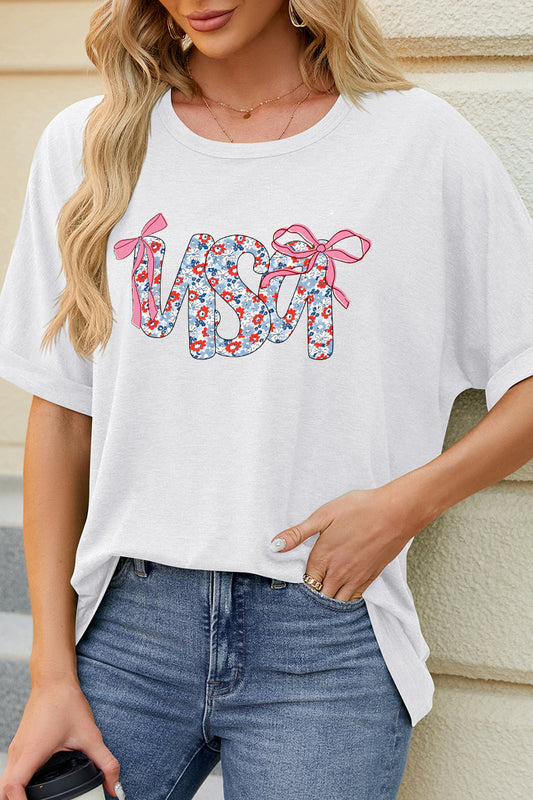 USA Floral Bow Graphic Tee Casual Patriotic Summer Top