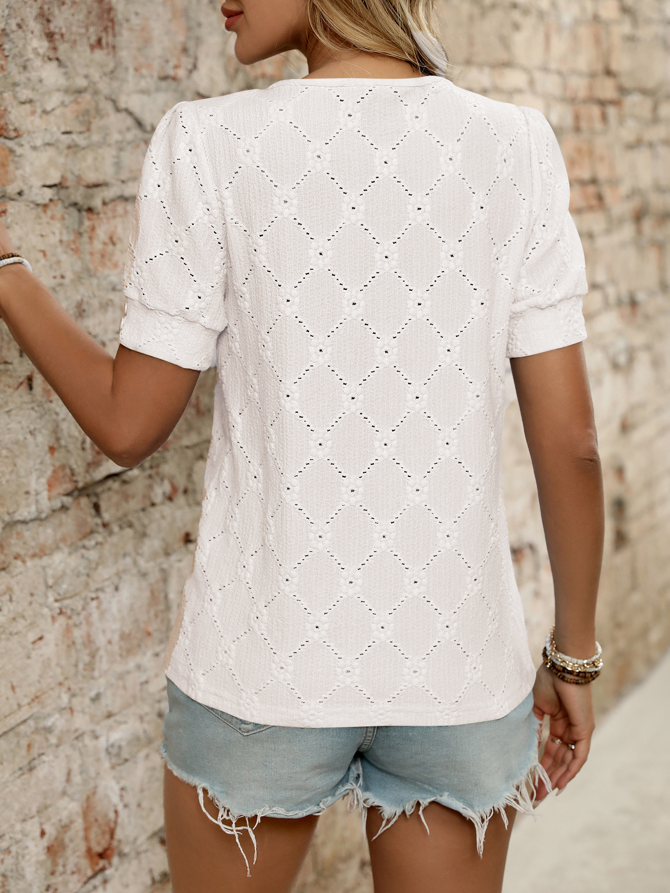 Women’s Eyelet Knit T Shirt Short Sleeve Summer Top