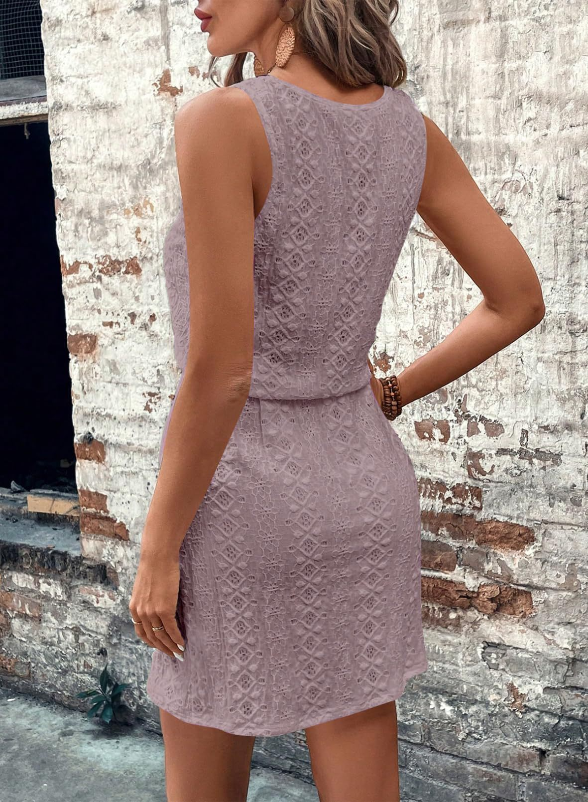 Sleeveless Eyelet Dress Square Neck Drawstring Summer