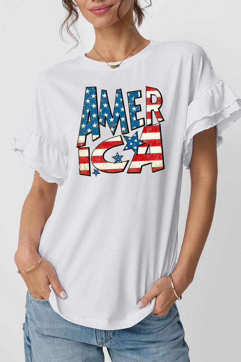 America Flag Graphic Ruffle Sleeve Tee Patriotic Top