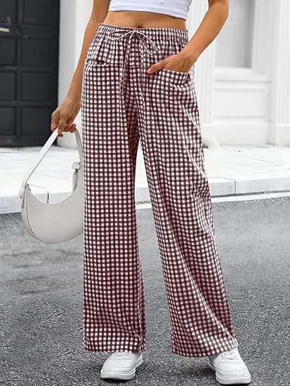 Womens Plaid Wide Leg Drawstring Waist Casual Pants