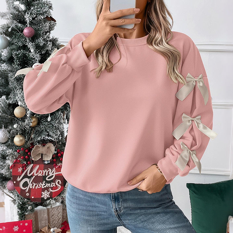 Crew Neck Pullover Top 3D Bowknot Trim Loose Sweatshirts