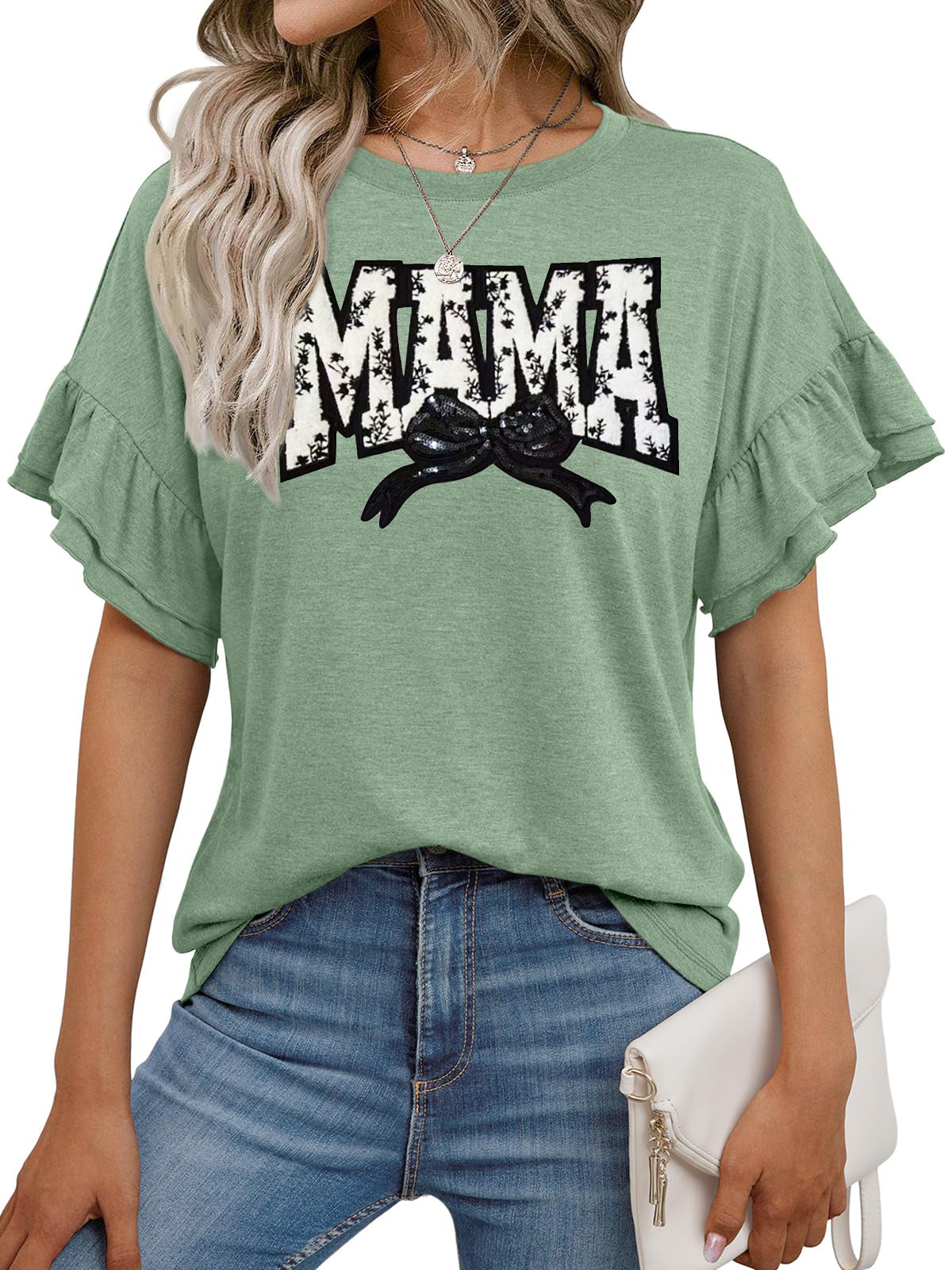 Mother Day MAMA Bow Ruffle Sleeve Tee Women