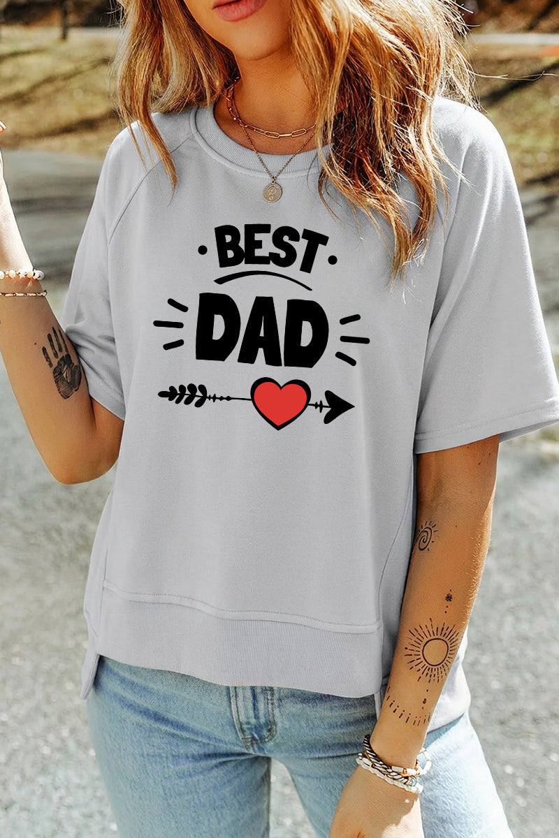 Grey Best Dad Graphic Tee Red Heart Casual Short Sleeve Top