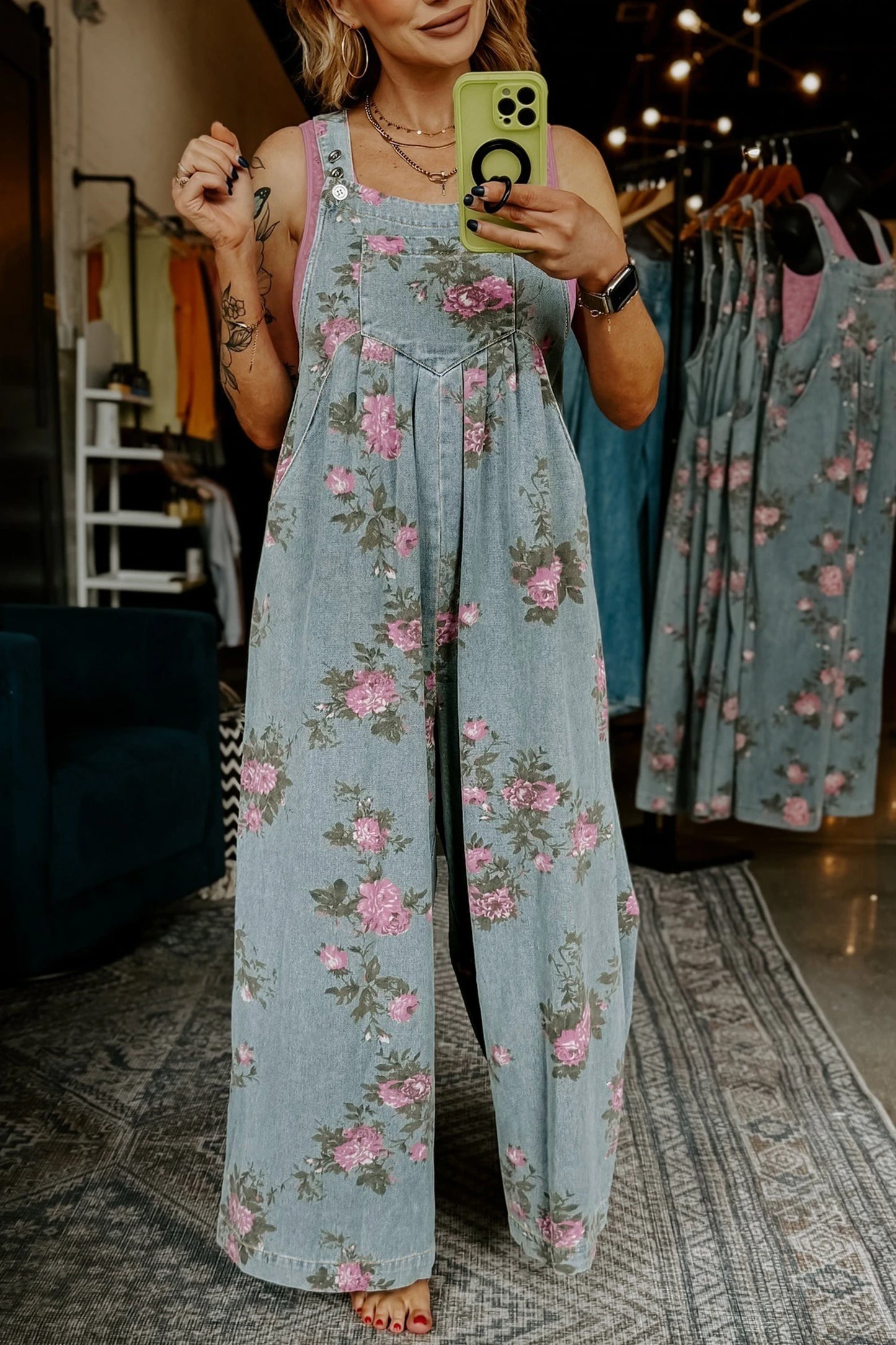 Beau Floral Print Pleated High Waist Wide Leg Denim Jumpsuit
