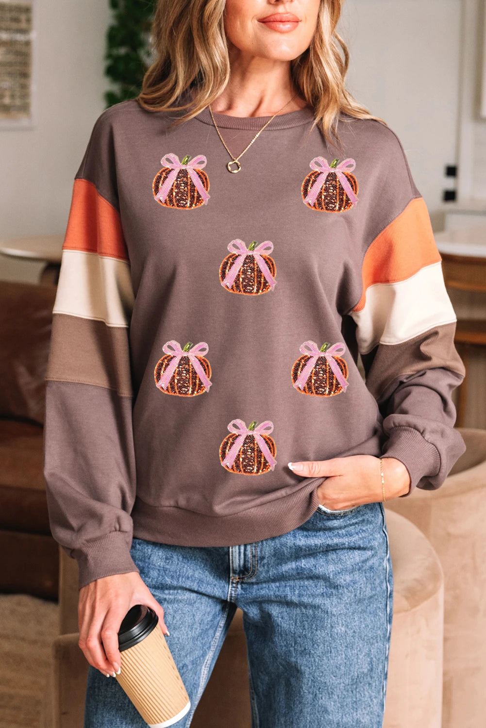 Dark Khaki Color Block Patchwork Sequin Bow Pumpkin Graphic Sweatshirt
