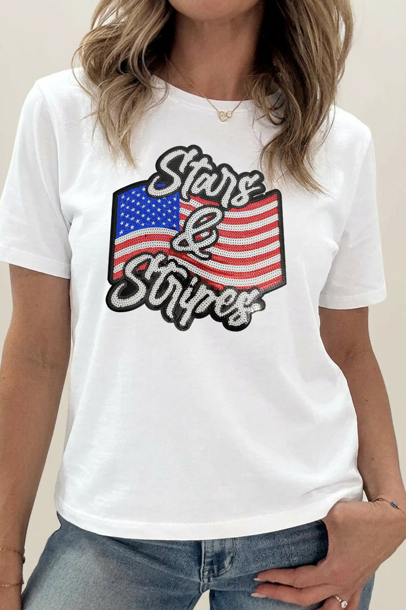 Patriotic Graphic Cotton Tee Trendy USA Flag Top