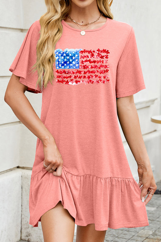 American Flag Cotton Dress Casual Ruffle Vacation