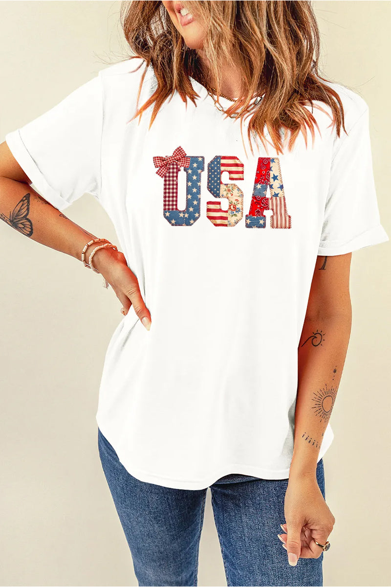 USA Patchwork Bow Graphic Tee Women Patriotic Summer Shirt