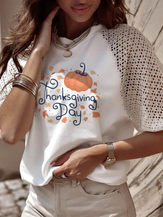 Fall Thanksgiving Pumpkin Lace Sleeve Graphic Top