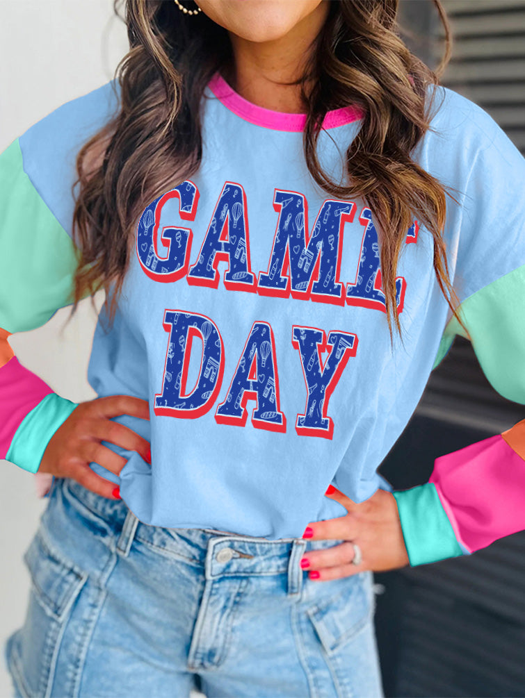 Game Day Color Block Long Sleeve Varsity Graphic Tee