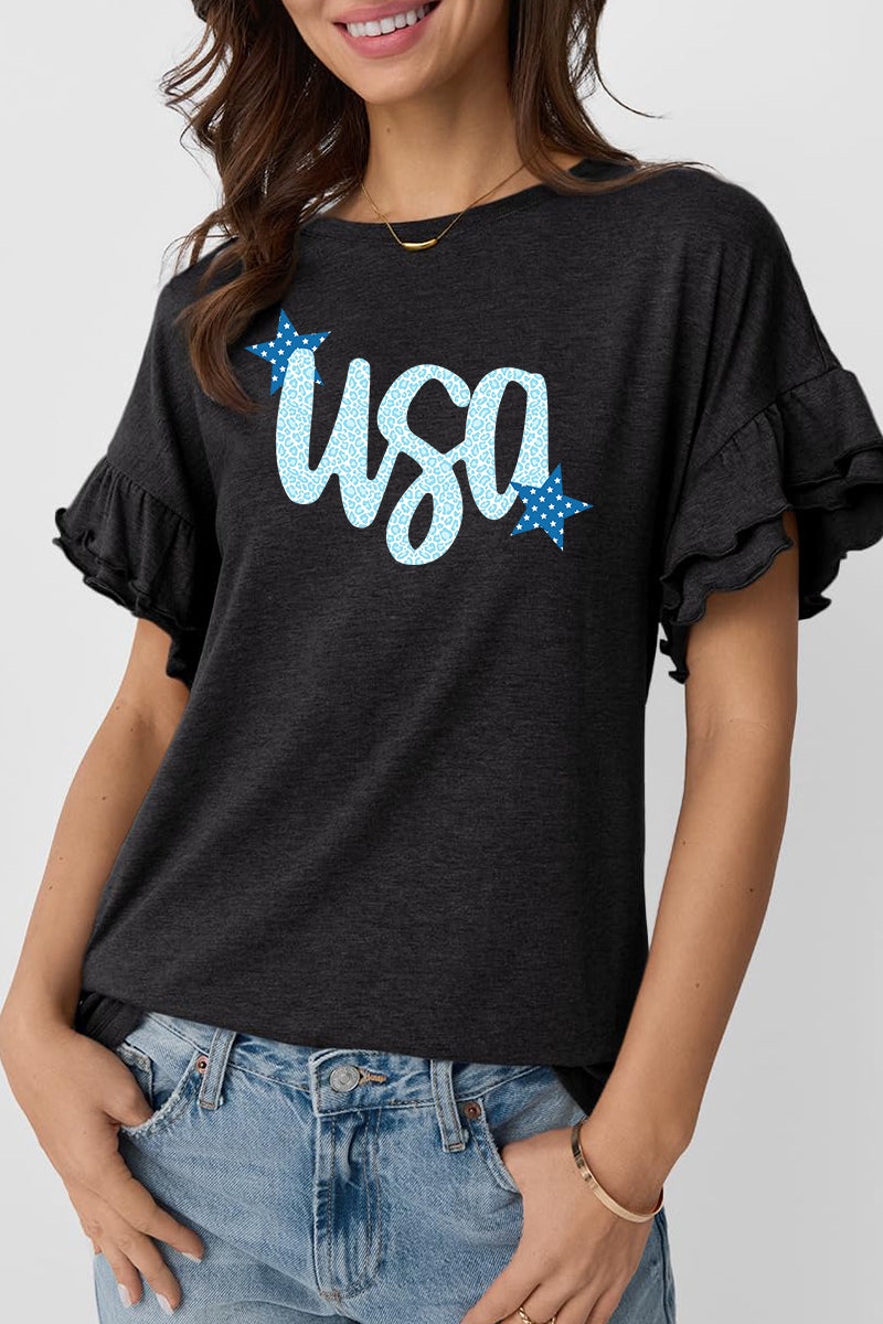 Leopard USA Graphic Tee Patriotic Ruffle Sleeve Top