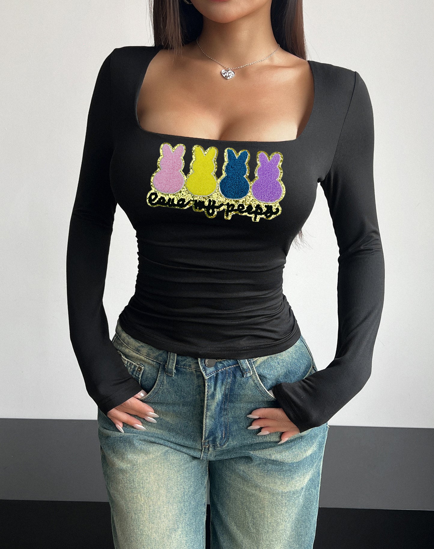Easter Bunny Graphic Square Neck Long Sleeve Fitted Top