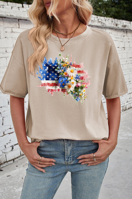 Patriotic Floral Rayon Tee Oversized Casual Summer Top