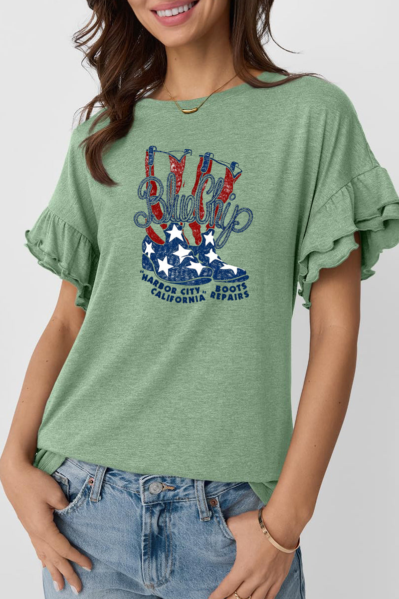 Cowboy Boot Graphic Ruffle Sleeve Tee Patriotic Top
