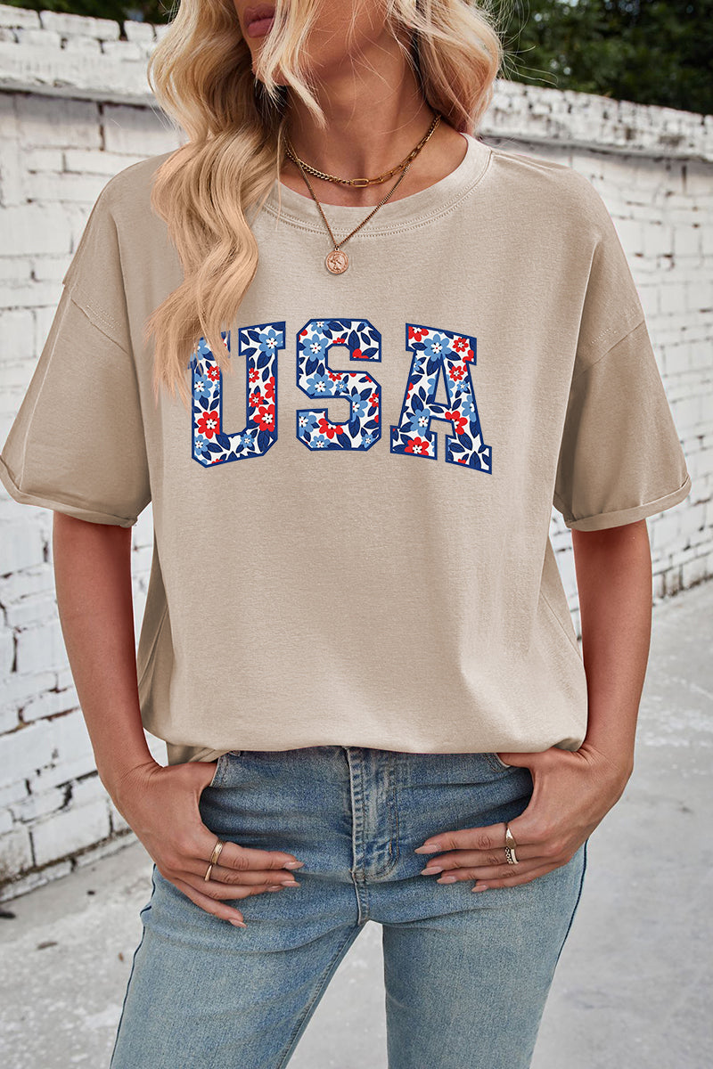 Floral Cotton Graphic Tee Patriotic USA Oversized Top