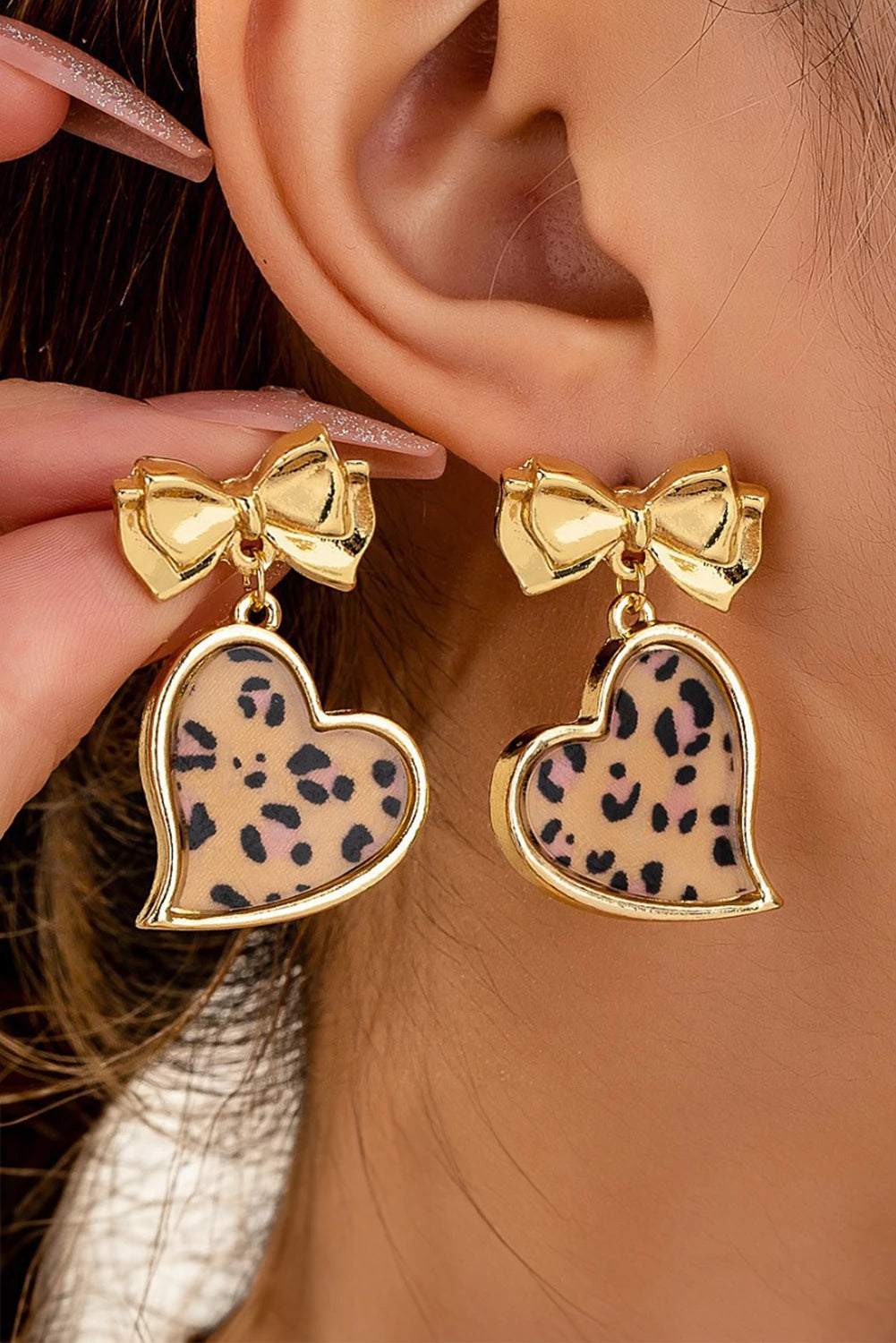 Gold Plated Bow Leopard Heart Pendant Earrings