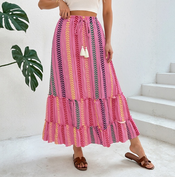 2025 Summer Color-Block Print Elastic Waist Bohemian Patchwork Skirt
