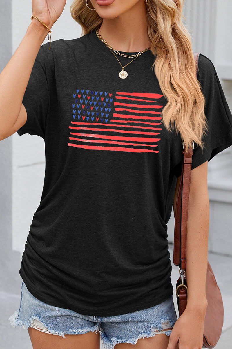 USA Flag Graphic Ruched Side Casual Summer Tee
