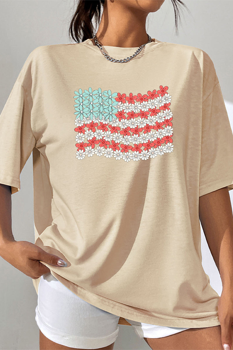 Floral Flag Graphic Tee Oversized Casual