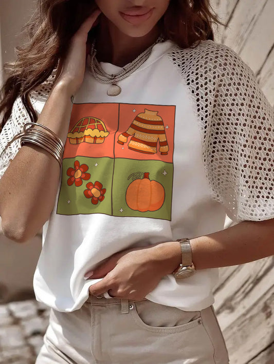 Thanksgiving Fall Harvest Patchwork Pumpkin Graphic Tee