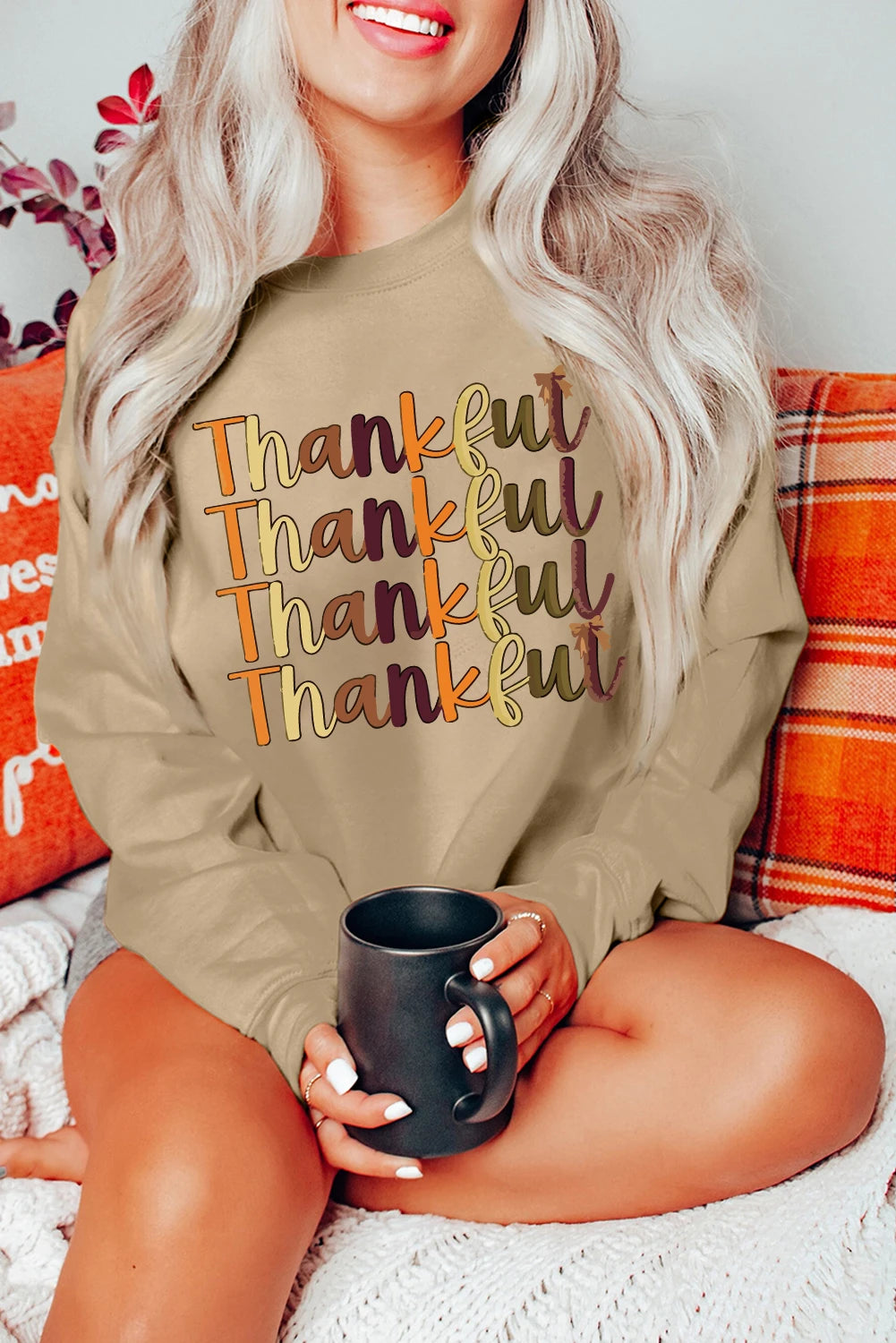 Khaki Thankful Repeated Print Drop Shoulder Casual Sweatshirt