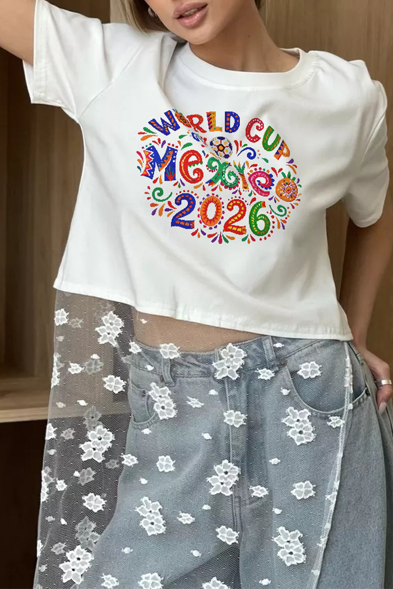 World Cup Mexico 2026 Graphic Crop Tee Colorful Soccer T Shirt Women