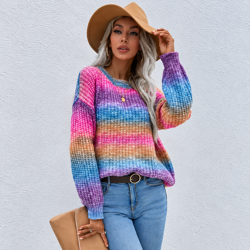 Women's Rainbow Striped Oversized Crew Neck Sweater
