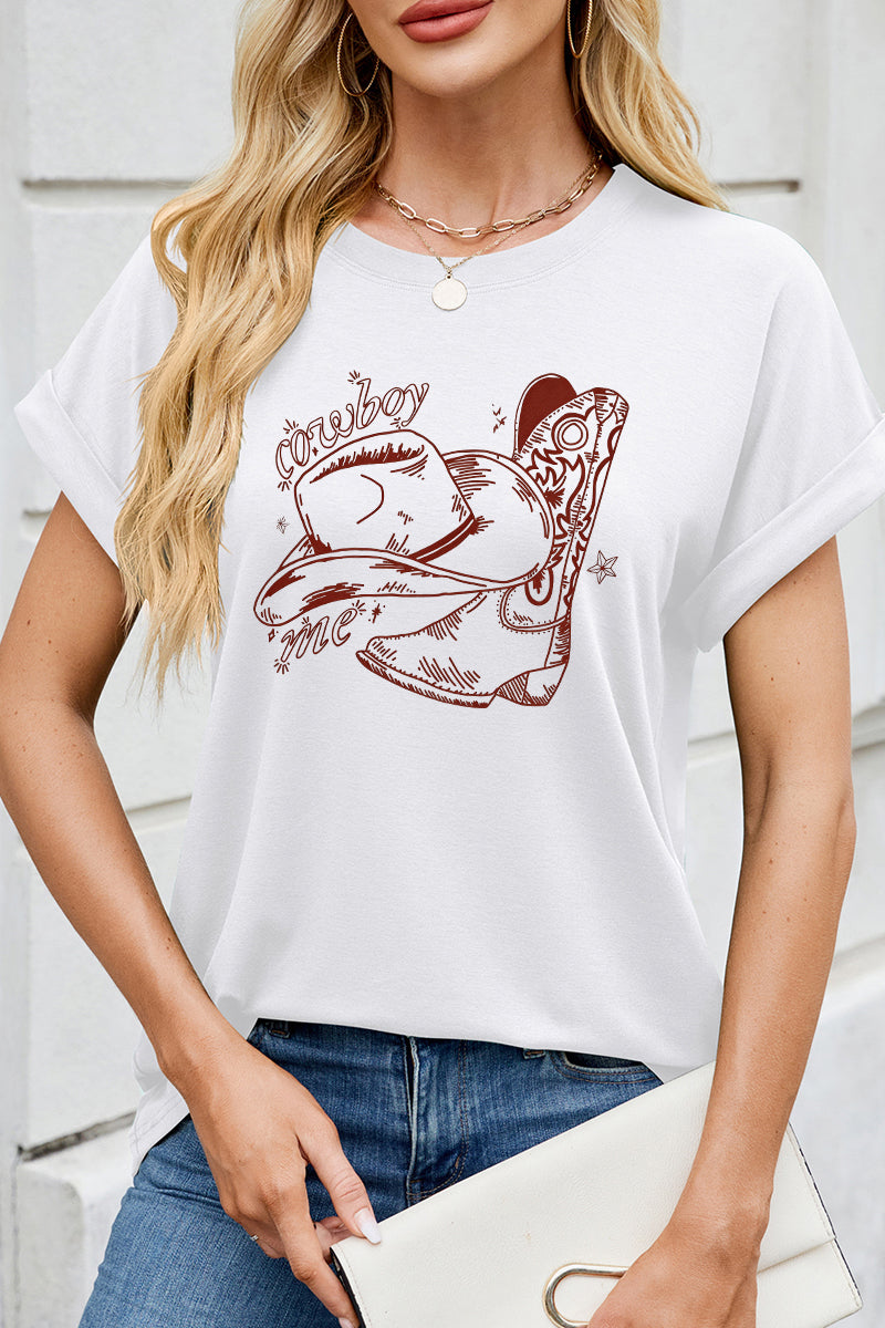Western Graphic Cap Sleeve Loose Fit Casual Tee Top