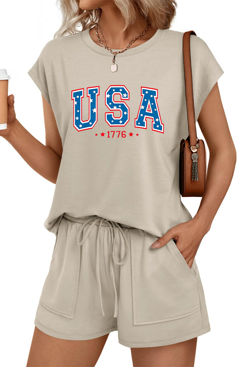 USA Letter Graphic Tee and Drawstring Shorts Set Fourth of July Casual Outfit