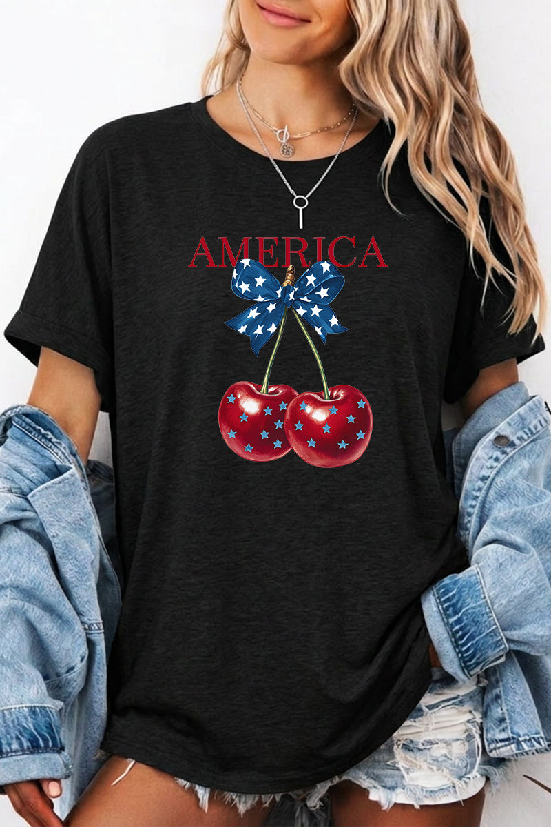 Patriotic Cherry Graphic Tee Oversized America Holiday Top