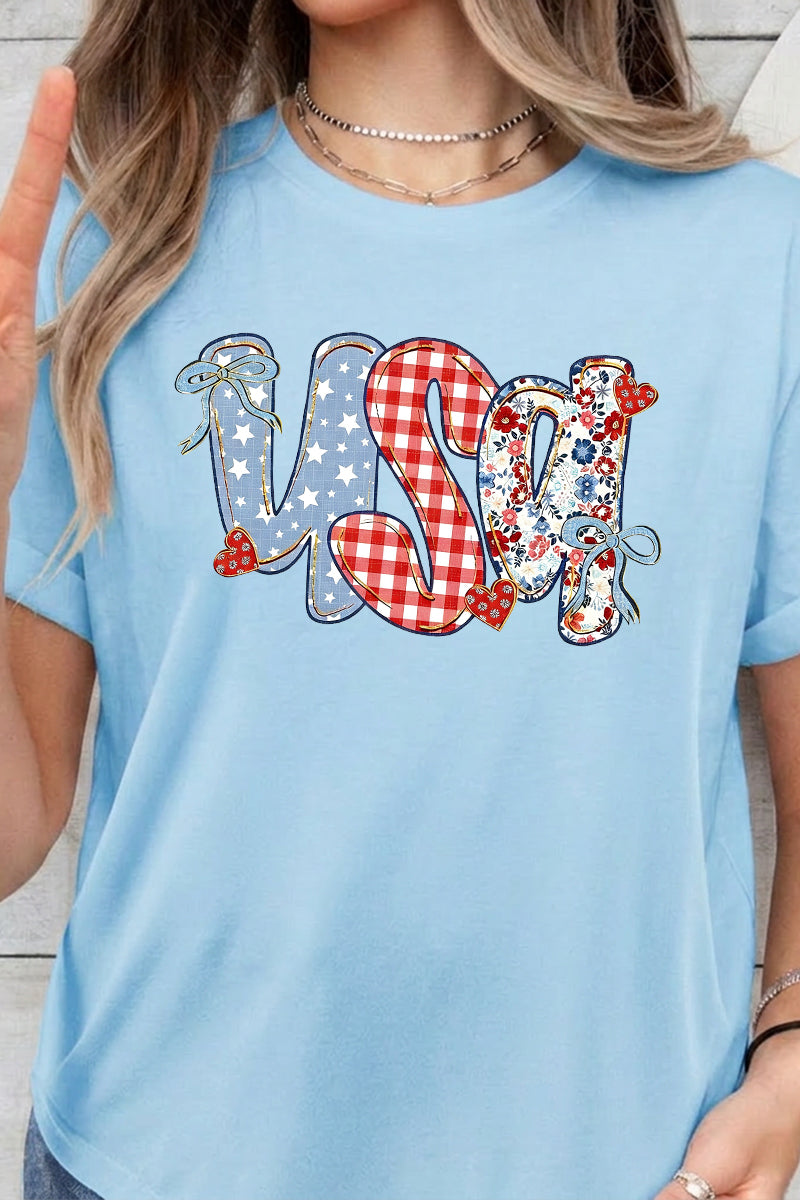 USA Plaid Patchwork Graphic Tee Women Patriotic Top