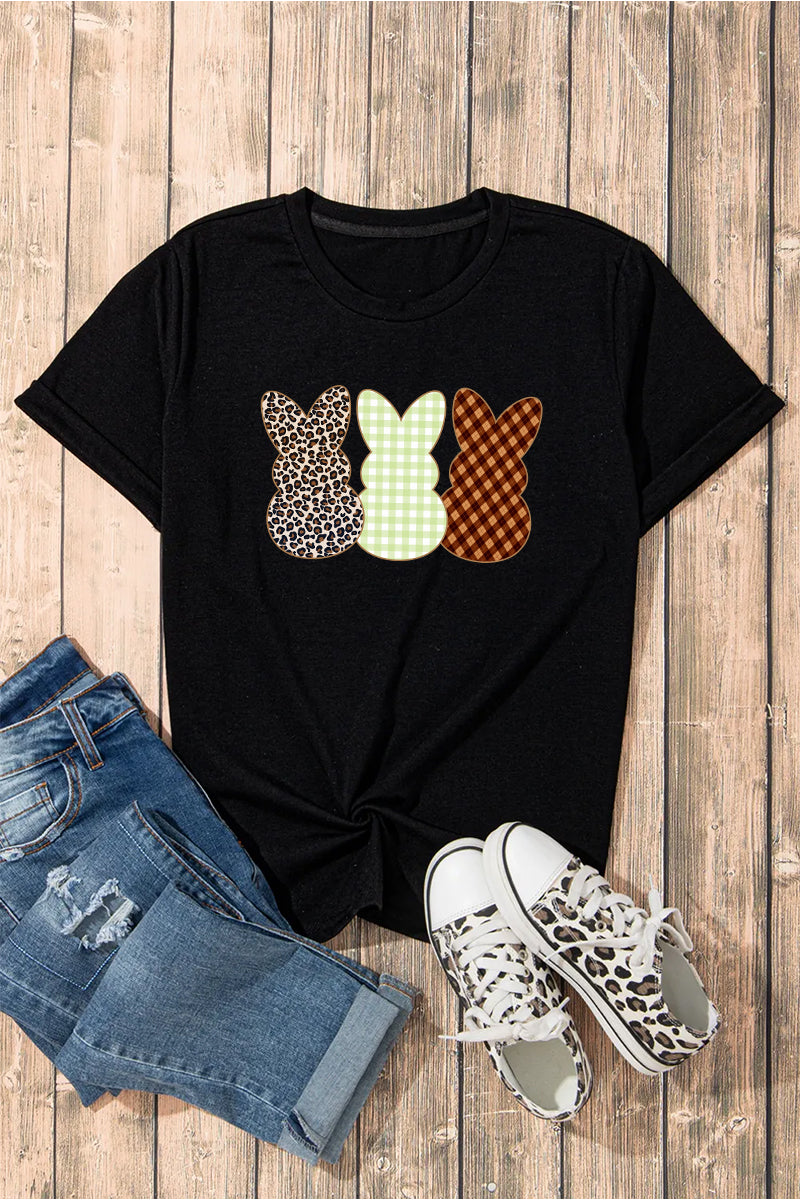 Three Bunny Graphic Tee Women Easter Spring Casual Shirt