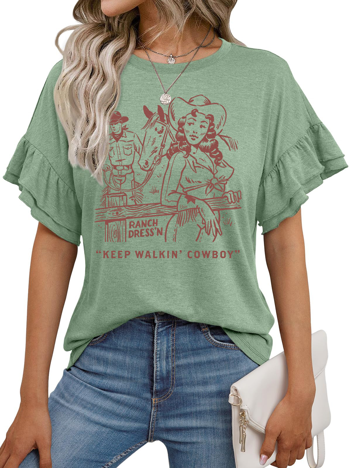 Western Cowgirl Graphic Ruffle Sleeve Casual Tee Top