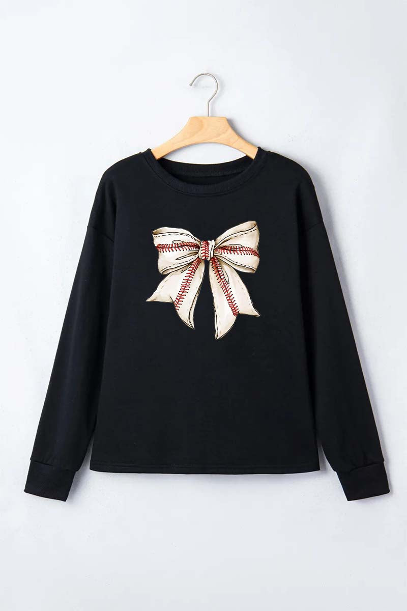 Top Baseball Bow Print Round Neck Long Sleeve Casual
