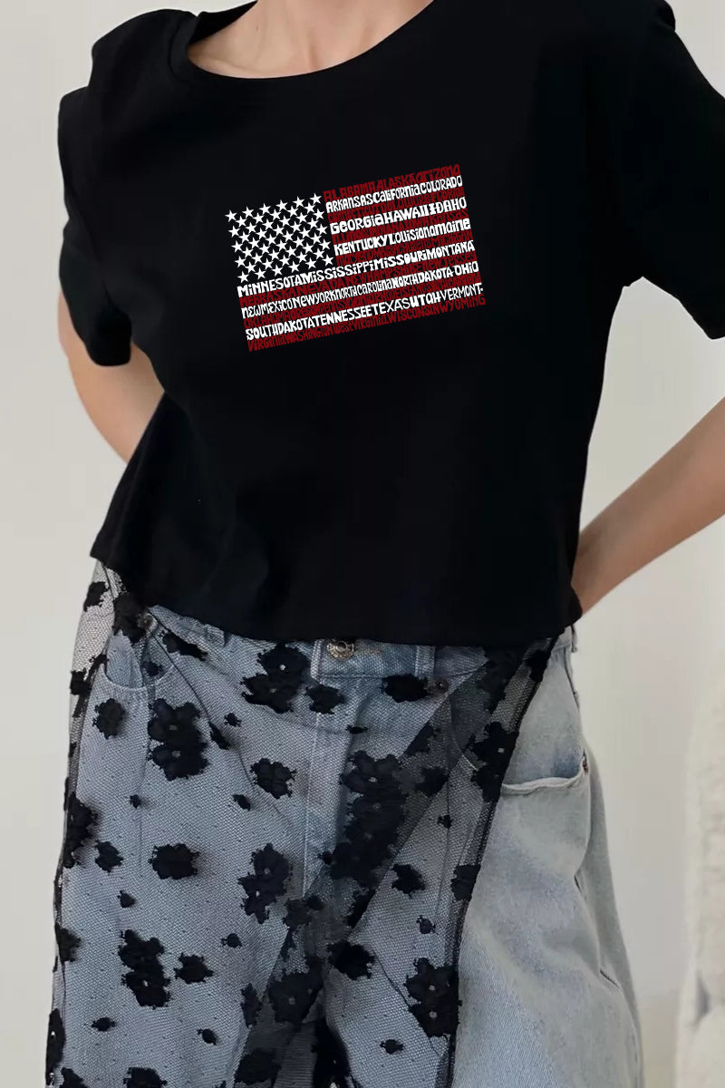 Patriotic Flag Graphic Tee Lace Patchwork Top
