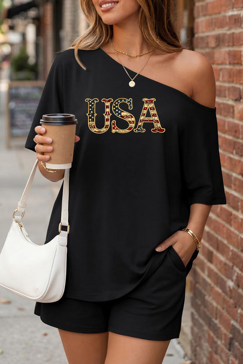 USA Off Shoulder Short Sleeve Summer Top Set