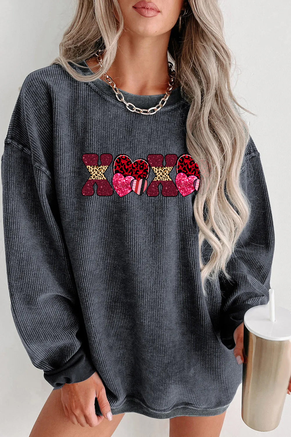 Valentines Day XOXO Sequin Letter Cozy Sweatshirt