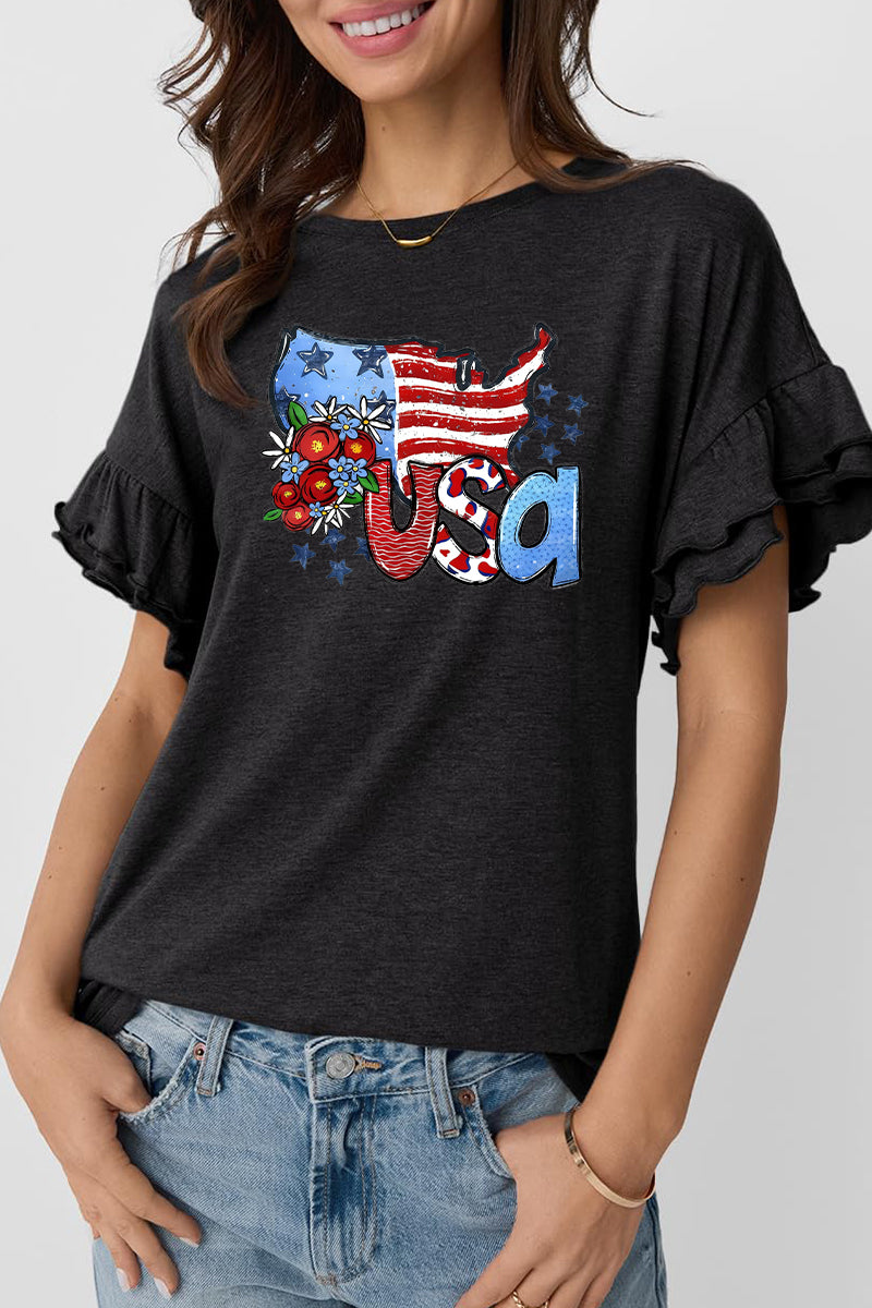 USA Floral Flag Graphic Ruffle Sleeve Patriotic Tee