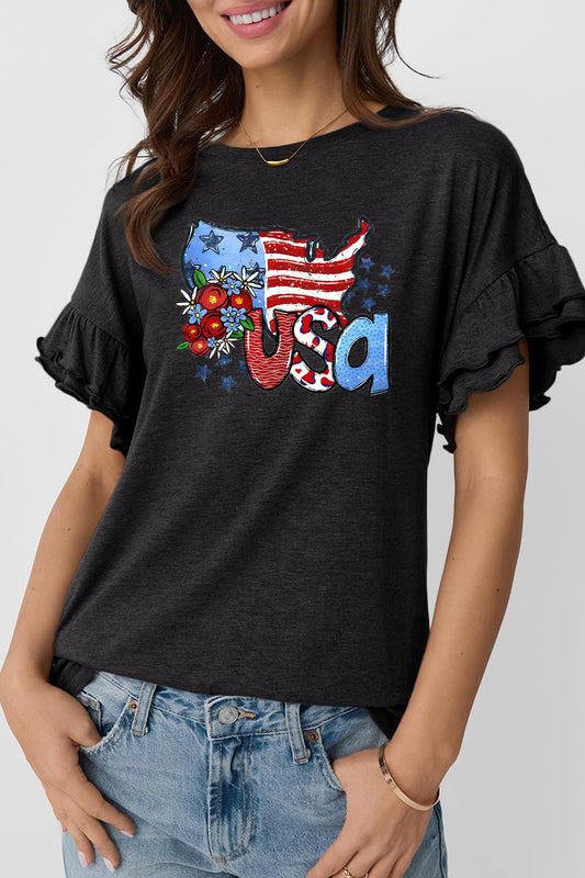 USA Floral Flag Graphic Ruffle Sleeve Patriotic Tee
