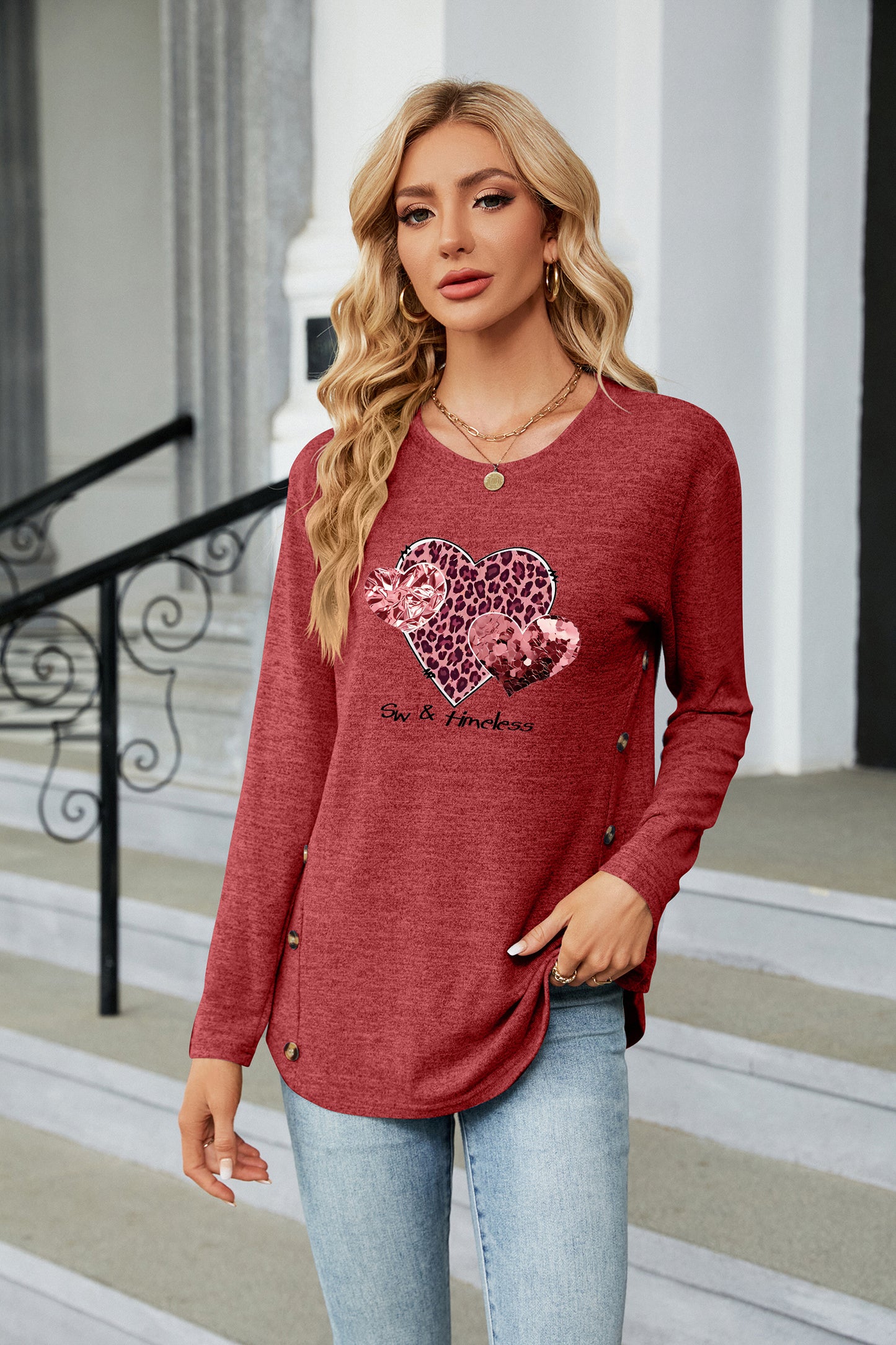 Valentine's Day Triple Heart Leopard Graphic Long Sleeve