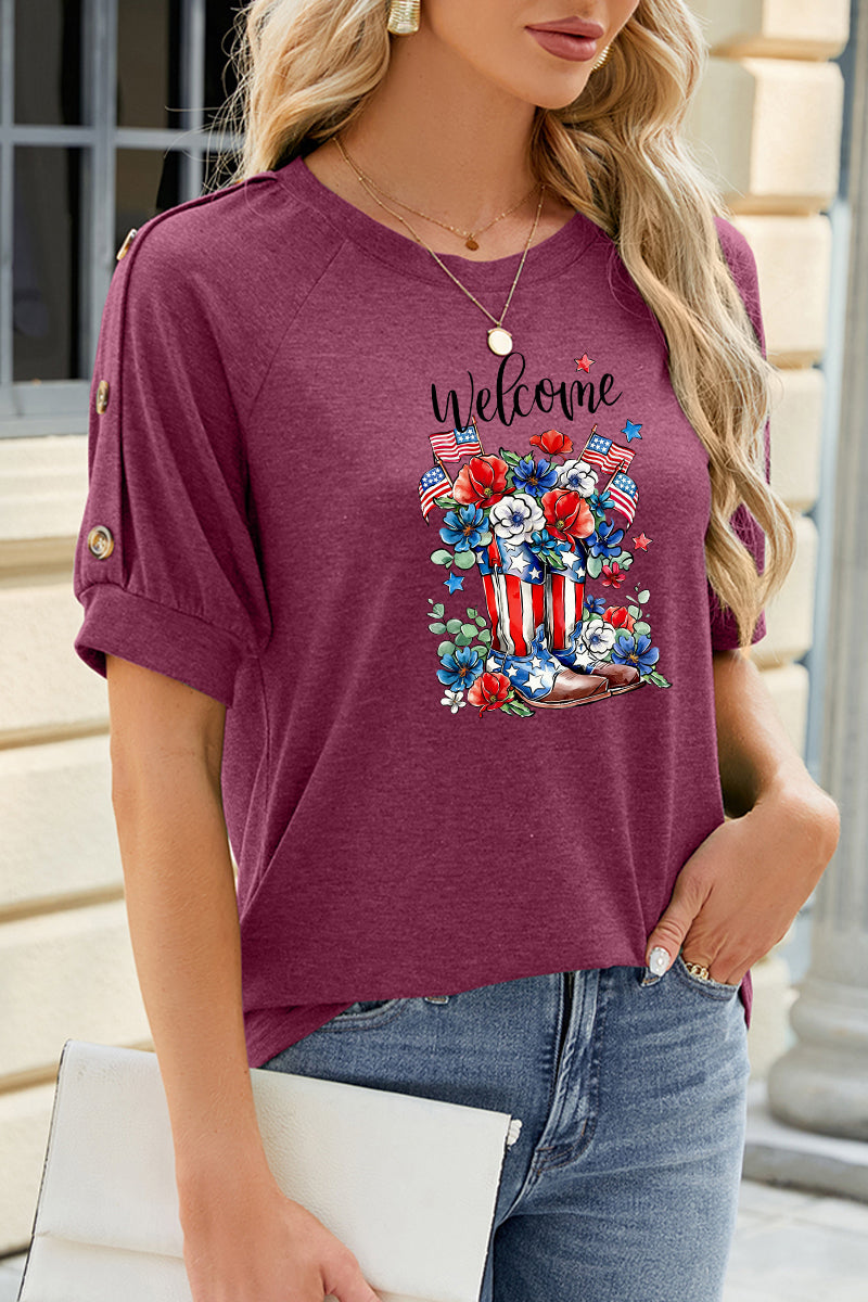 Welcome Floral Graphic Rayon Tee Boutique Patriotic Top