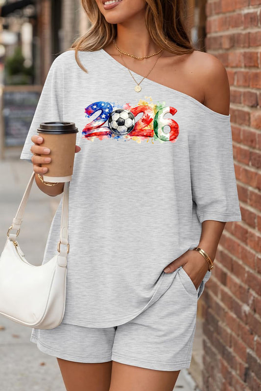 2026 World Cup Graphic Off Shoulder Shorts Set Women