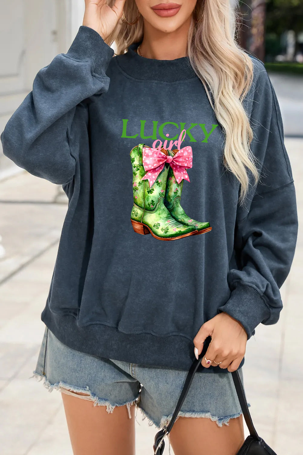 St Patrick’s Day Lucky Green Boots Bow Graphic Sweatshirt