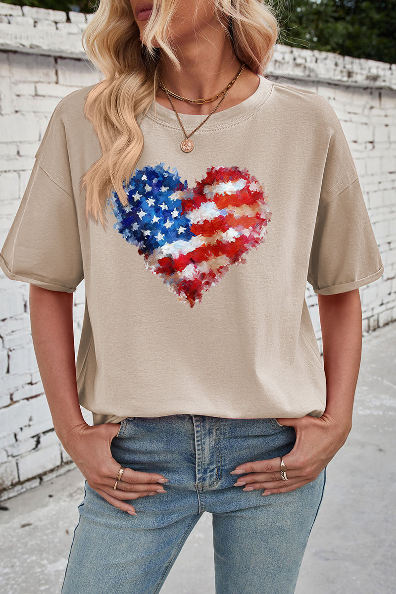 Patriotic Cotton Graphic Tee Oversized Flag Heart Top