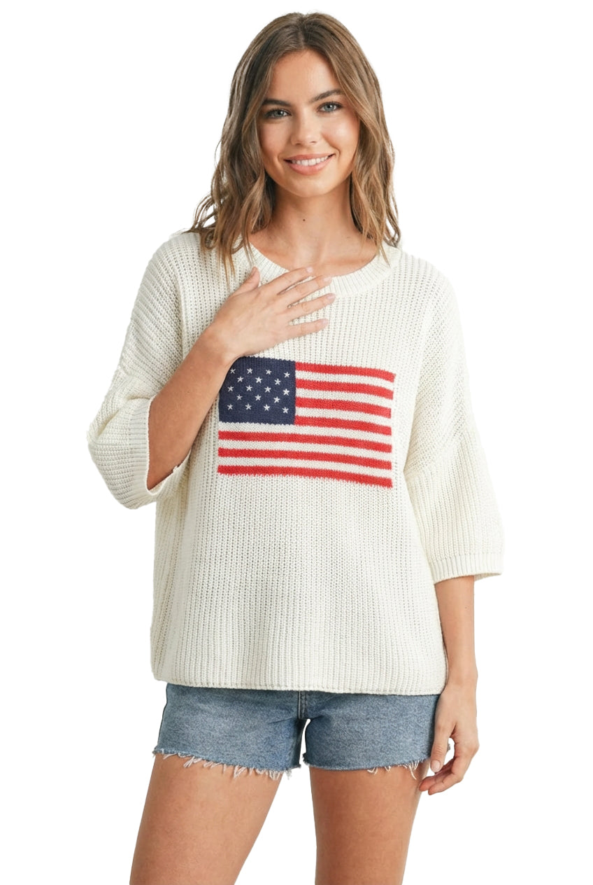 American Flag Knit Crewneck Sweater Top