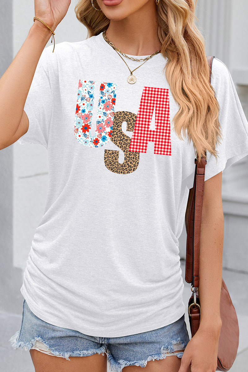 USA  Floral Graphic Casual Patriotic T Shirt